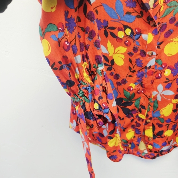 Anthropologie Maeve Vibrant Floral Lemon Print Red Button Up Women Shirt Size 2 - Picture 6 of 9
